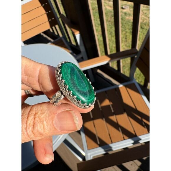 Ring, Green African Malachite and Sterling Silver Ring, Statement Ring, size 8, - Picture 1 of 8